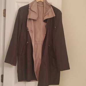 Brown and tan reversible raincoat